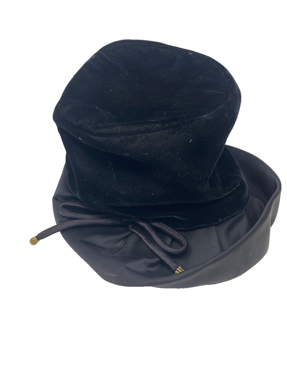 Vintage 1950s Black Velvet Satin Hat Bow Gold Tips Union Made Women's Millinery